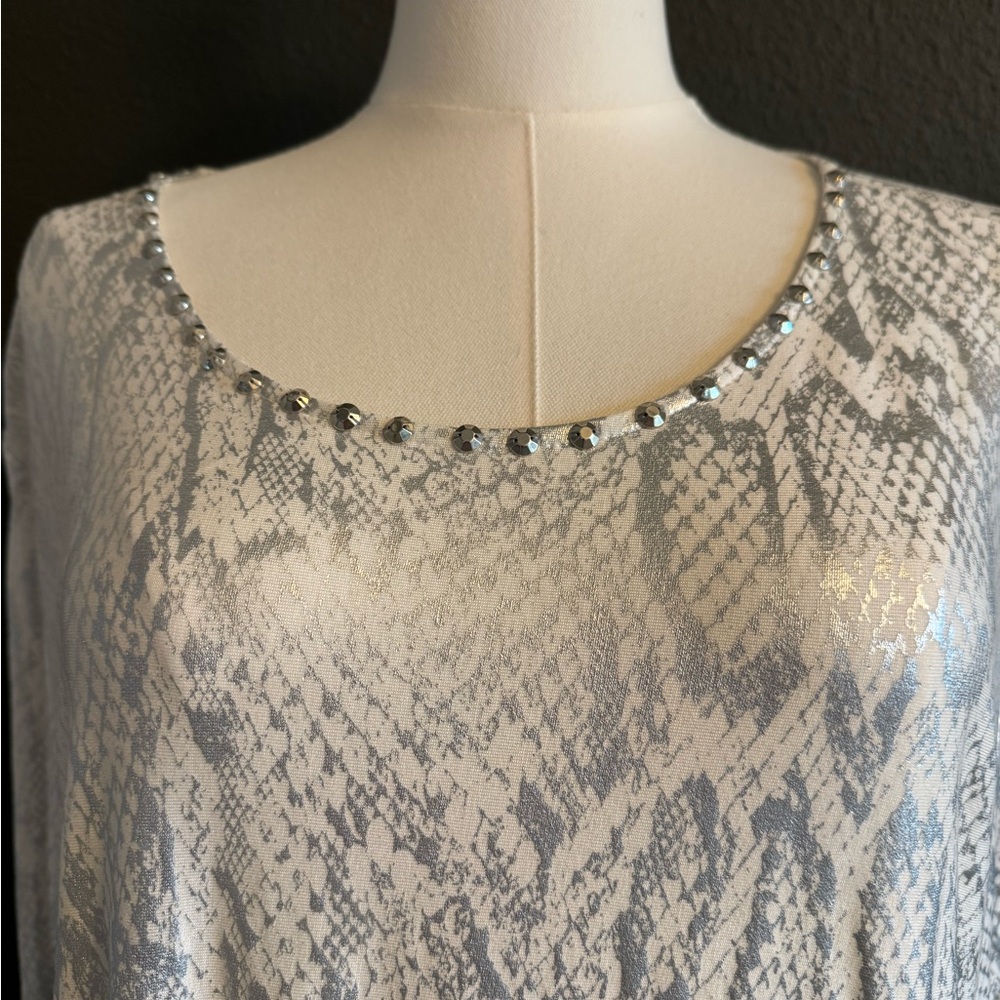 Silver and Gray Snake Print Top with Embellished Neckline